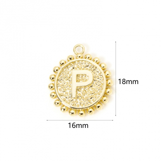 Изображение 2 PCs Brass Charms 18K Gold Plated Round Capital Alphabet Initial Letter Message " P " Double Sided 18mm x 16mm