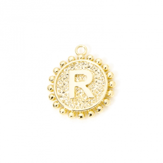 Изображение 2 PCs Brass Charms 18K Gold Plated Round Capital Alphabet Initial Letter Message " R " Double Sided 18mm x 16mm