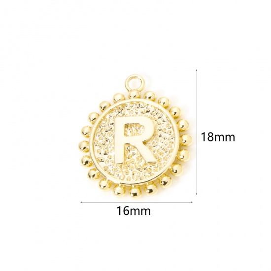 Изображение 2 PCs Brass Charms 18K Gold Plated Round Capital Alphabet Initial Letter Message " R " Double Sided 18mm x 16mm