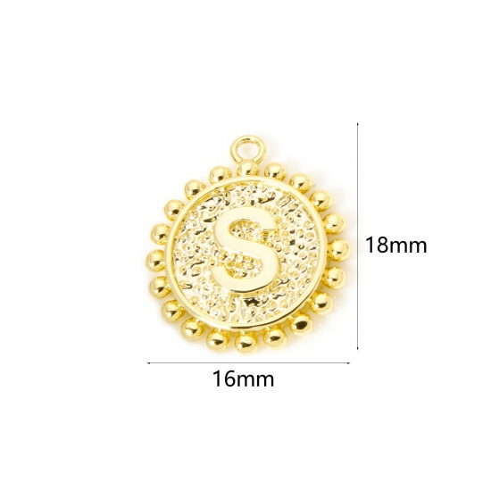 Изображение 2 PCs Brass Charms 18K Gold Plated Round Capital Alphabet Initial Letter Message " S " Double Sided 18mm x 16mm