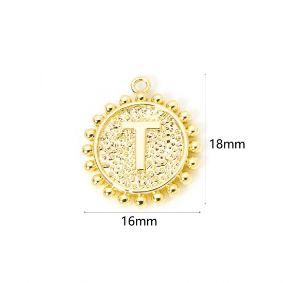 Изображение 2 PCs Brass Charms 18K Gold Plated Round Capital Alphabet Initial Letter Message " T " Double Sided 18mm x 16mm