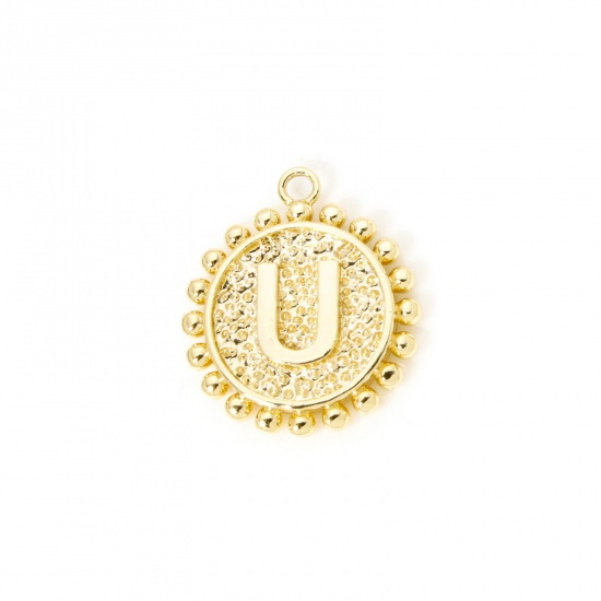 Изображение 2 PCs Brass Charms 18K Gold Plated Round Capital Alphabet Initial Letter Message " U " Double Sided 18mm x 16mm