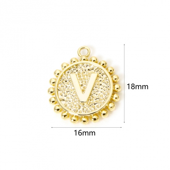 Изображение 2 PCs Brass Charms 18K Gold Plated Round Capital Alphabet Initial Letter Message " V " Double Sided 18mm x 16mm