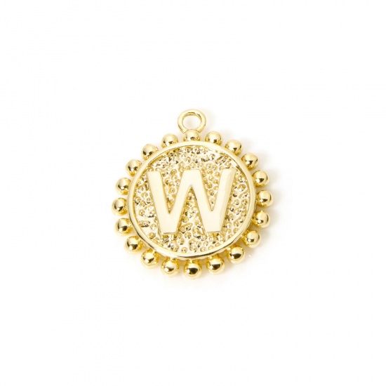 Изображение 2 PCs Brass Charms 18K Gold Plated Round Capital Alphabet Initial Letter Message " W " Double Sided 18mm x 16mm