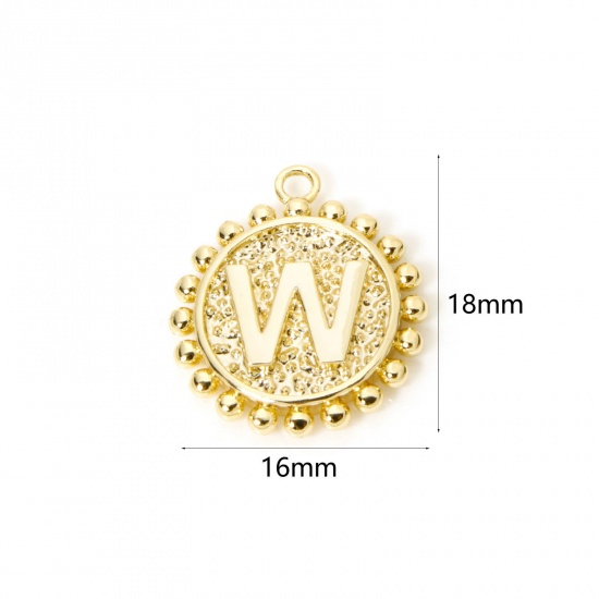 Изображение 2 PCs Brass Charms 18K Gold Plated Round Capital Alphabet Initial Letter Message " W " Double Sided 18mm x 16mm