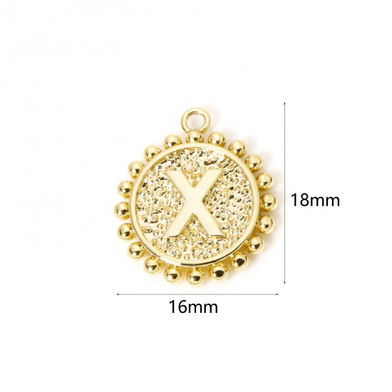 Изображение 2 PCs Brass Charms 18K Gold Plated Round Capital Alphabet Initial Letter Message " X " Double Sided 18mm x 16mm