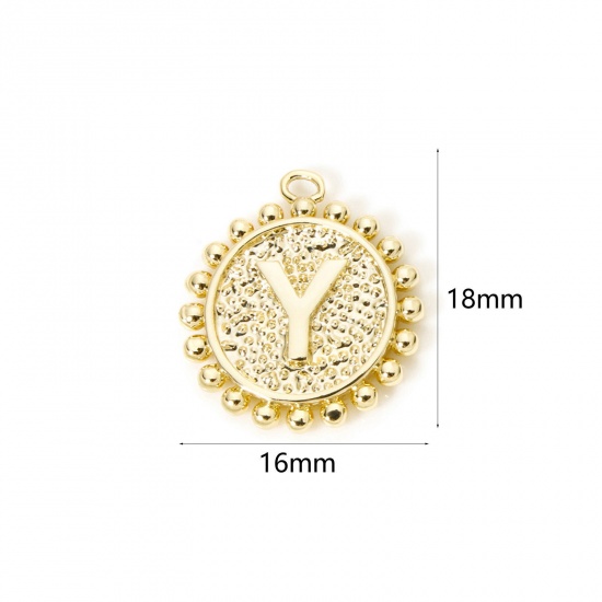 Изображение 2 PCs Brass Charms 18K Gold Plated Round Capital Alphabet Initial Letter Message " Y " Double Sided 18mm x 16mm