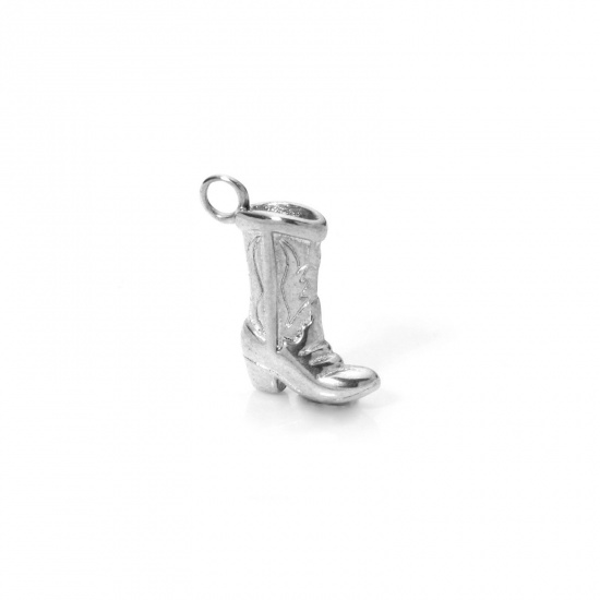 Picture of 1 Piece 304 Stainless Steel West Cowboy Charms Silver Tone Boots 3D 15mm x 13mm