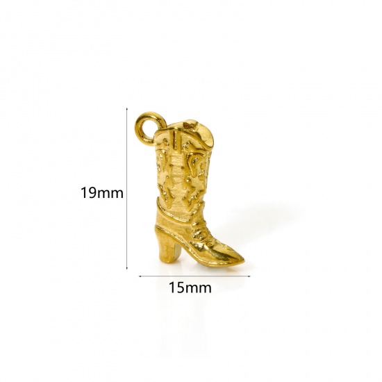 Picture of 1 Piece Eco-friendly PVD Vacuum Plating 304 Stainless Steel West Cowboy Charms 18K Gold Plated Boots 3D 19mm x 15mm