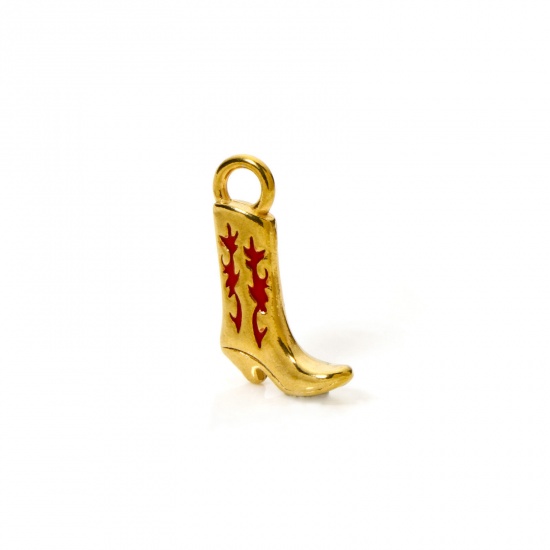 Imagen de 1 Unidad Recubrimiento al Vacío PVD Ecológico 304 Acero Inoxidable Vaquero del Oeste Colgantes Bota Chapado en Oro de 18K Rojo Esmalte 21mm x 13mm