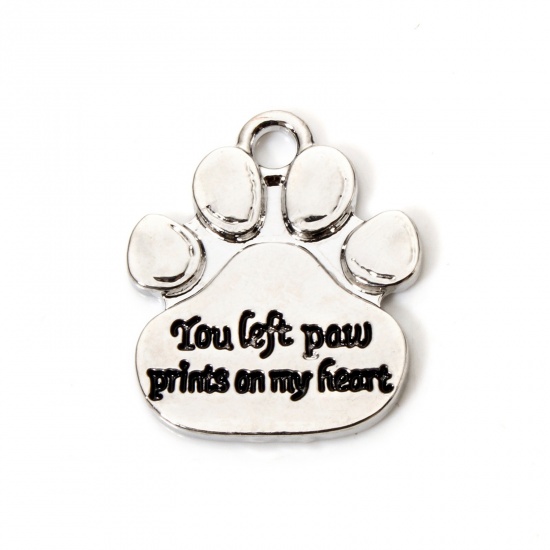 Picture of 10 PCs Zinc Based Alloy Pet Memorial Charms Silver Plated Black Dog's Paw Message " You Left Paw Prints On My Heart " Enamel 22mm x 19mm