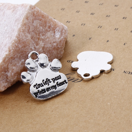 Picture of 10 PCs Zinc Based Alloy Pet Memorial Charms Silver Plated Black Dog's Paw Message " You Left Paw Prints On My Heart " Enamel 22mm x 19mm