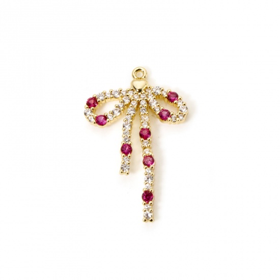 Picture of 1 Piece Brass Clothes Charms 18K Gold Plated Bowknot Micro Pave Multicolour Cubic Zirconia 28mm x 18mm