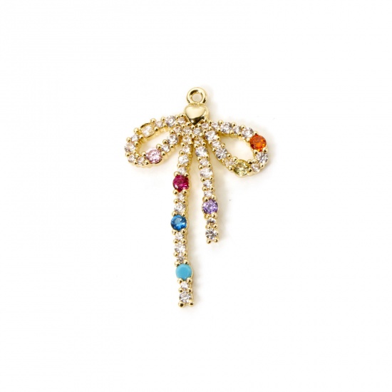 Picture of 1 Piece Brass Clothes Charms 18K Gold Plated Bowknot Micro Pave Multicolour Cubic Zirconia 28mm x 18mm