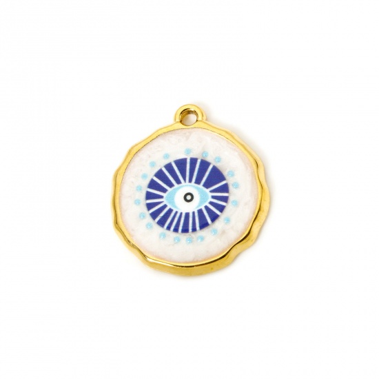 Image de 1 Pièce Breloques en 304 Acier Inoxydable Revêtement sous Vide PVD Respectueux de l'Environnement Religieux Rond Plaqué Or Véritable 18K Blanc & Bleu Œil Mauvais Émail 27mm x 25mm