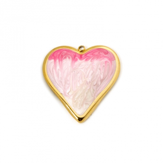 Picture of 1 Piece Eco-friendly PVD Vacuum Plating 304 Stainless Steel Valentine's Day Pendants 18K Real Gold Plated Pink Heart Enamel 3.1cm x 2.9cm