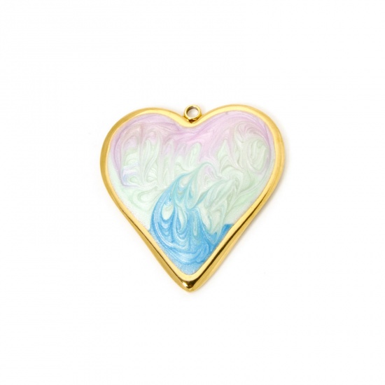 Picture of 1 Piece Eco-friendly PVD Vacuum Plating 304 Stainless Steel Valentine's Day Pendants 18K Real Gold Plated Multicolor Heart Enamel 3.1cm x 2.9cm