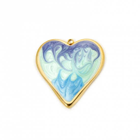 Picture of 1 Piece Eco-friendly PVD Vacuum Plating 304 Stainless Steel Valentine's Day Pendants 18K Real Gold Plated Blue Heart Enamel 3.1cm x 2.9cm