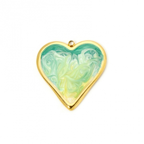 Picture of 1 Piece Eco-friendly PVD Vacuum Plating 304 Stainless Steel Valentine's Day Pendants 18K Real Gold Plated Green Heart Enamel 3.1cm x 2.9cm