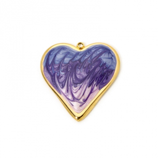 Picture of 1 Piece Eco-friendly PVD Vacuum Plating 304 Stainless Steel Valentine's Day Pendants 18K Real Gold Plated Purple Heart Enamel 3.1cm x 2.9cm