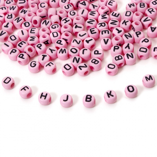 Изображение 500 PCs Acrylic Beads For DIY Jewelry Making Pink Flat Round At Random Mixed Message " A-Z " About 7mm x 6mm, Hole: Approx 2.6mm