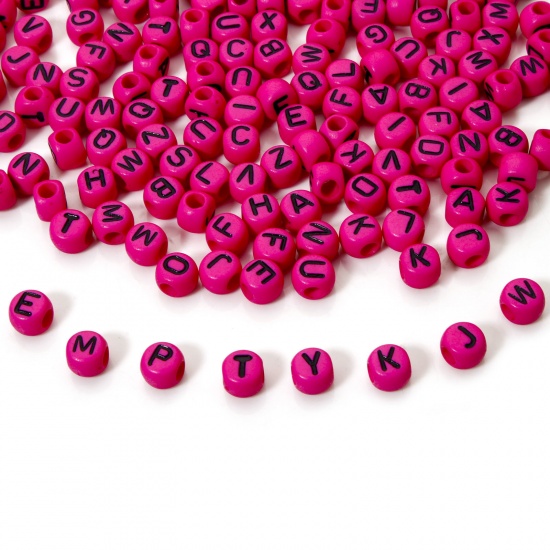 Изображение 500 PCs Acrylic Beads For DIY Jewelry Making Fuchsia Flat Round At Random Mixed Message " A-Z " About 7mm x 6mm, Hole: Approx 2.6mm