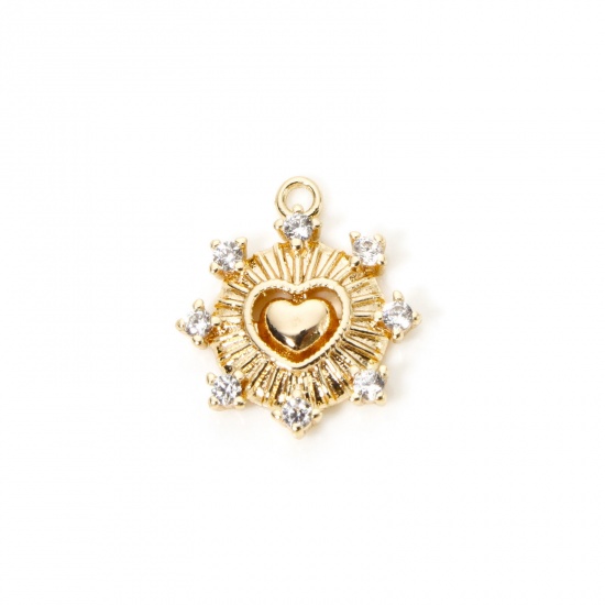 Immagine di 2 Pz Ecologico Ottone San Valentino Ciondoli Cuore 18K Vero Oro Placcato Raggi del Sole Trasparente Cubic Zirconiae 14mm x 12mm