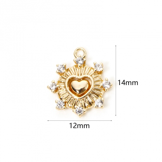 Immagine di 2 Pz Ecologico Ottone San Valentino Ciondoli Cuore 18K Vero Oro Placcato Raggi del Sole Trasparente Cubic Zirconiae 14mm x 12mm