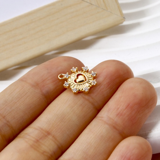 Immagine di 2 Pz Ecologico Ottone San Valentino Ciondoli Cuore 18K Vero Oro Placcato Raggi del Sole Trasparente Cubic Zirconiae 14mm x 12mm