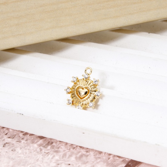Immagine di 2 Pz Ecologico Ottone San Valentino Ciondoli Cuore 18K Vero Oro Placcato Raggi del Sole Trasparente Cubic Zirconiae 14mm x 12mm