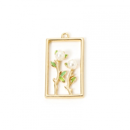 1 Piece Eco-friendly Brass Charms 18K Real Gold Plated Green Rectangle Flower Hollow 28mm x 15mm