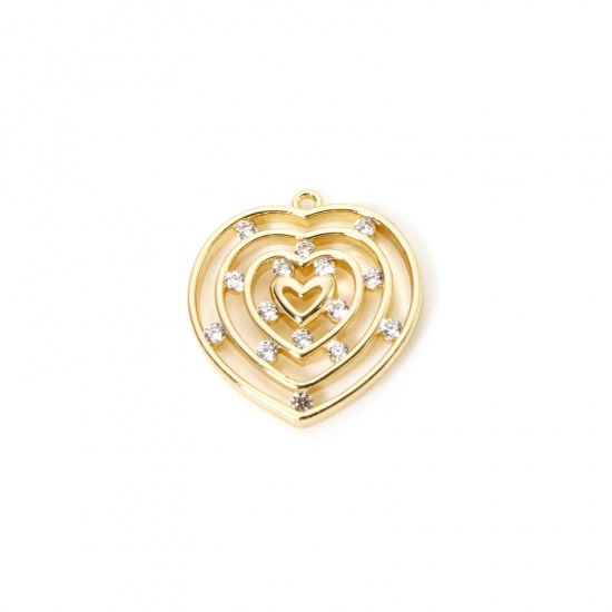 Изображение 2 PCs Eco-friendly Brass Valentine's Day Charms 18K Real Gold Plated Heart Hollow Clear Cubic Zirconia 18mm x 16mm