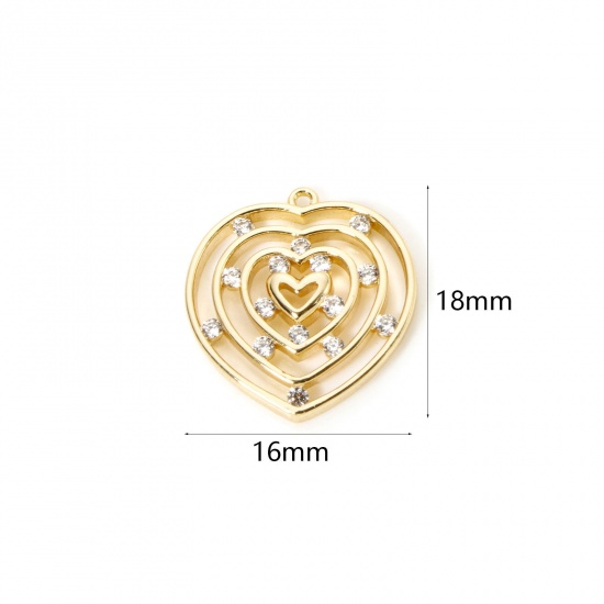 Изображение 2 PCs Eco-friendly Brass Valentine's Day Charms 18K Real Gold Plated Heart Hollow Clear Cubic Zirconia 18mm x 16mm