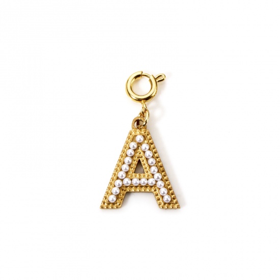 Image de 1 Pièce Breloques en 304 Acier Inoxydable Revêtement sous Vide PVD Respectueux de l'Environnement Plaqué Or 18K Alphabet Initial/ Lettre Majuscule Gravé Mots" A " Perle Imitation Acrylique 27mm x 12mm