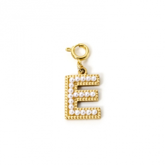 Image de 1 Pièce Breloques en 304 Acier Inoxydable Revêtement sous Vide PVD Respectueux de l'Environnement Plaqué Or 18K Alphabet Initial/ Lettre Majuscule Gravé Mots" E " Perle Imitation Acrylique 27mm x 12mm
