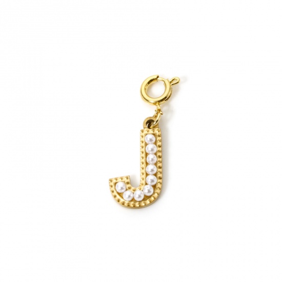 Image de 1 Pièce Breloques en 304 Acier Inoxydable Revêtement sous Vide PVD Respectueux de l'Environnement Plaqué Or 18K Alphabet Initial/ Lettre Majuscule Gravé Mots" J " Perle Imitation Acrylique 27mm x 12mm