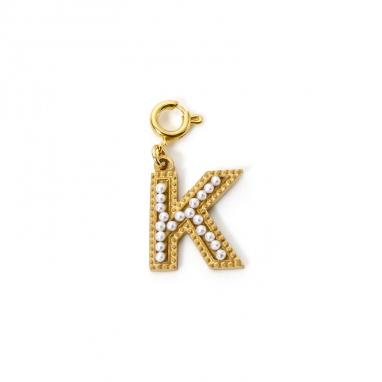 Image de 1 Pièce Breloques en 304 Acier Inoxydable Revêtement sous Vide PVD Respectueux de l'Environnement Plaqué Or 18K Alphabet Initial/ Lettre Majuscule Gravé Mots" K " Perle Imitation Acrylique 27mm x 12mm