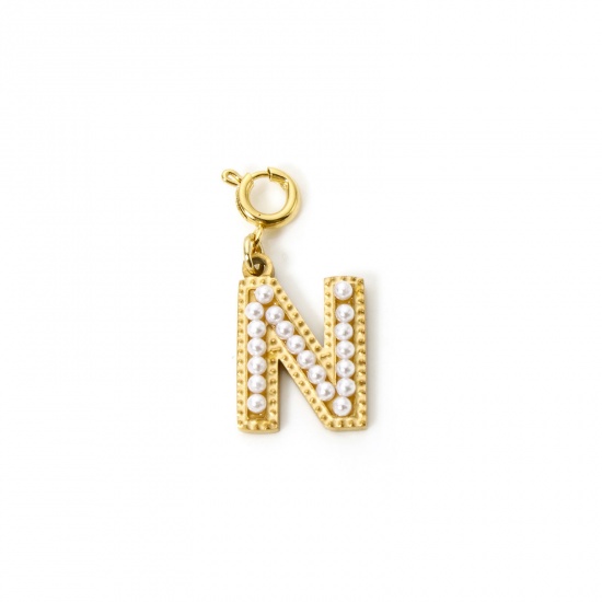 Image de 1 Pièce Breloques en 304 Acier Inoxydable Revêtement sous Vide PVD Respectueux de l'Environnement Plaqué Or 18K Alphabet Initial/ Lettre Majuscule Gravé Mots" N " Perle Imitation Acrylique 27mm x 12mm