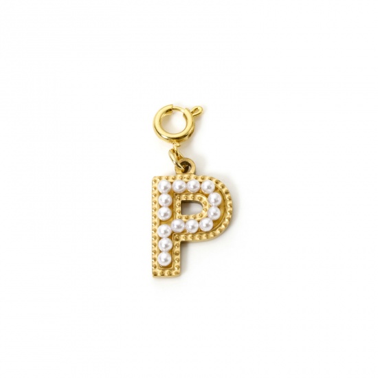 Image de 1 Pièce Breloques en 304 Acier Inoxydable Revêtement sous Vide PVD Respectueux de l'Environnement Plaqué Or 18K Alphabet Initial/ Lettre Majuscule Gravé Mots" P " Perle Imitation Acrylique 27mm x 12mm
