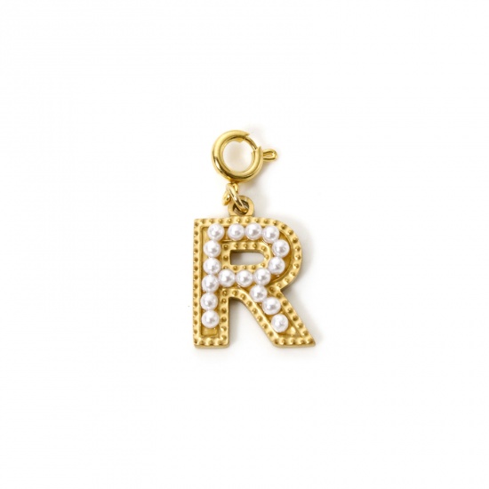 Image de 1 Pièce Breloques en 304 Acier Inoxydable Revêtement sous Vide PVD Respectueux de l'Environnement Plaqué Or 18K Alphabet Initial/ Lettre Majuscule Gravé Mots" R " Perle Imitation Acrylique 27mm x 12mm