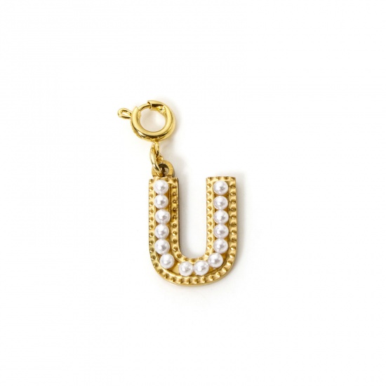 Image de 1 Pièce Breloques en 304 Acier Inoxydable Revêtement sous Vide PVD Respectueux de l'Environnement Plaqué Or 18K Alphabet Initial/ Lettre Majuscule Gravé Mots" U " Perle Imitation Acrylique 27mm x 12mm