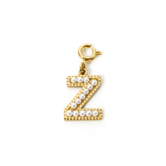 Image de 1 Pièce Breloques en 304 Acier Inoxydable Revêtement sous Vide PVD Respectueux de l'Environnement Plaqué Or 18K Alphabet Initial/ Lettre Majuscule Gravé Mots" Z " Perle Imitation Acrylique 27mm x 12mm