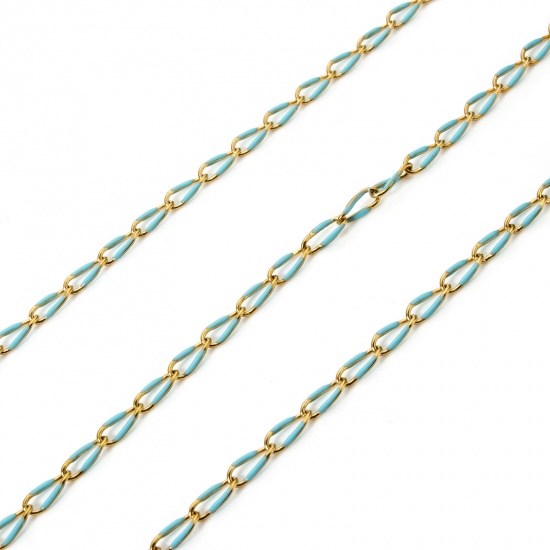 Bild von 1 Meter Umweltfreundlich 201 Edelstahl Emaille Panzerkette Kette Für handgefertigte Schmuckherstellung Vergoldet Azurblau 9x4mm