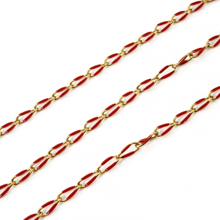 Picture of 1 M (Approx 3.28 Foot) Eco-friendly 201 Stainless Steel Enamel Curb Link Chain For Handmade DIY Jewelry Making Findings Gold Plated Red 9x4mm