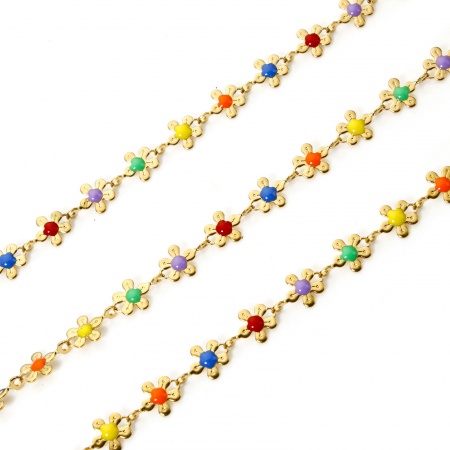 Picture of 1 M (Approx 3.28 Foot) Hypoallergenic 201 Stainless Steel Flora Collection Enamel Handmade Link Chain For Handmade DIY Jewelry Making Findings Flower Gold Plated Multicolor 6mm