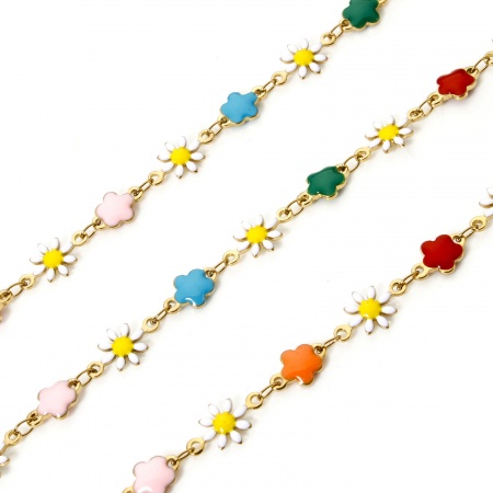 Picture of 1 M (Approx 3.28 Foot) Hypoallergenic 201 Stainless Steel Flora Collection Enamel Handmade Link Chain For Handmade DIY Jewelry Making Findings Daisy Flower Gold Plated Multicolor 7.5mm