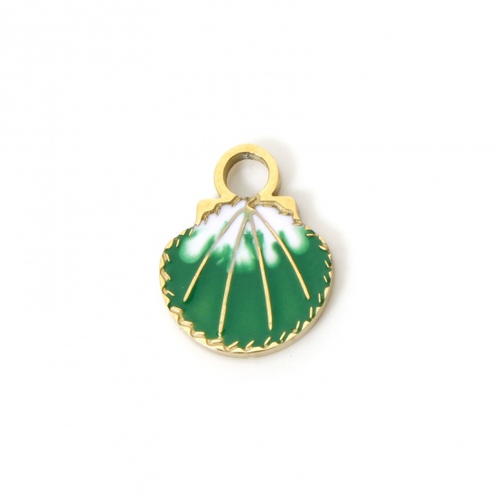 Picture of 2 PCs Eco-friendly PVD Vacuum Plating 304 Stainless Steel Ocean Jewelry Charms 14K Real Gold Plated Green Shell Enamel 12.5mm x 10mm