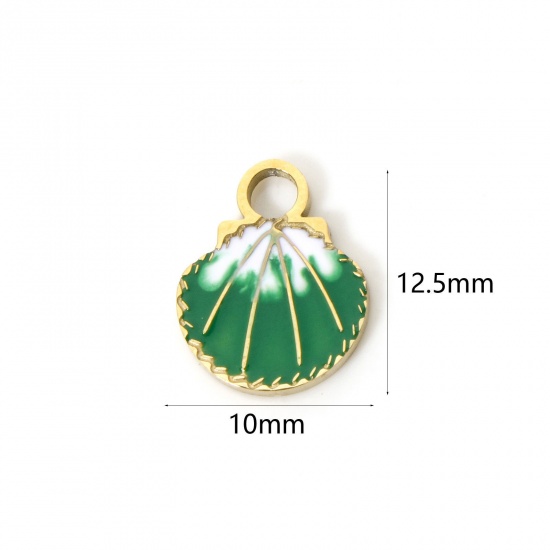 Picture of 2 PCs Eco-friendly PVD Vacuum Plating 304 Stainless Steel Ocean Jewelry Charms 14K Real Gold Plated Green Shell Enamel 12.5mm x 10mm