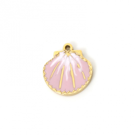 Picture of 2 PCs Eco-friendly PVD Vacuum Plating 304 Stainless Steel Ocean Jewelry Charms 14K Real Gold Plated Pink Shell Enamel 11mm x 10mm