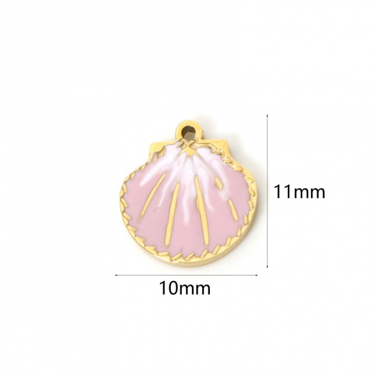 Picture of 2 PCs Eco-friendly PVD Vacuum Plating 304 Stainless Steel Ocean Jewelry Charms 14K Real Gold Plated Pink Shell Enamel 11mm x 10mm